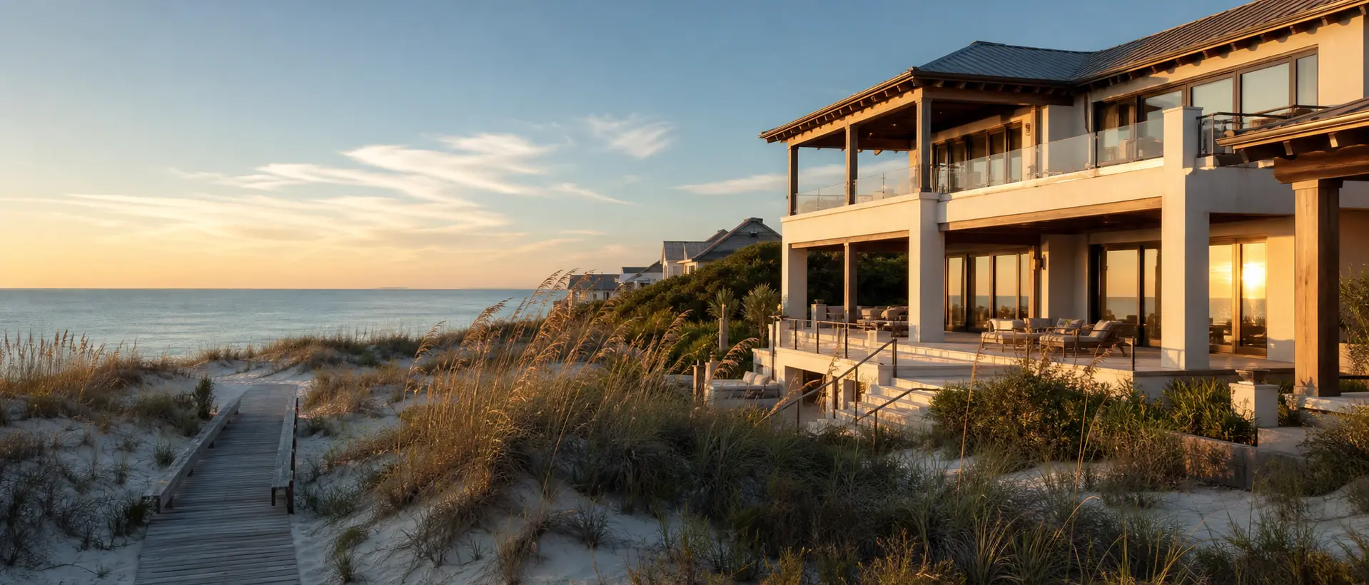 Luxurious Gulf-front home along Florida's Scenic Highway 30A with white-sand dunes and a private beach boardwalk
